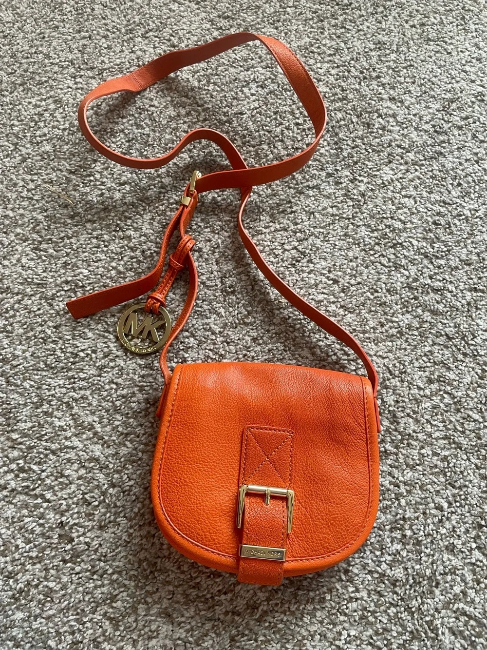Michael Kors Saddle Flap Pebbled Crossbody Bag Small Orange Gold Hardware